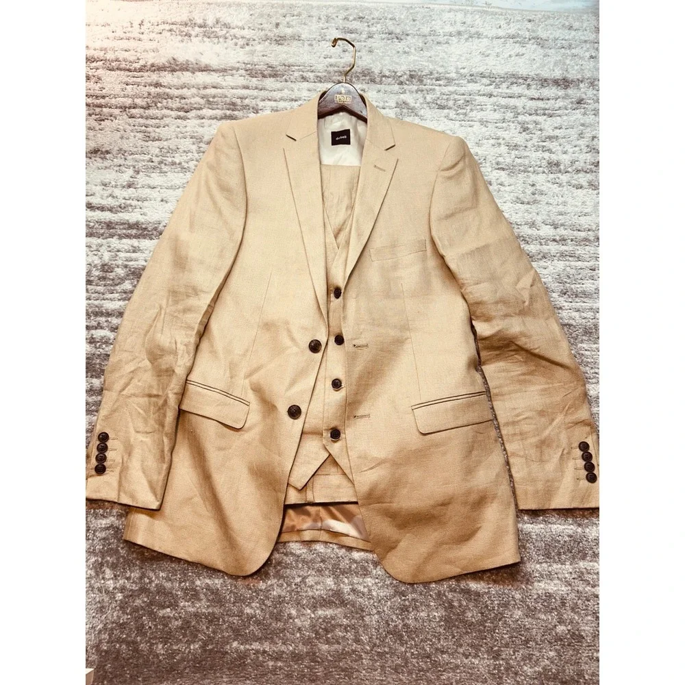 Dobell 3-Piece Suit Mens 40R Tan 100% Linen Blazer Vest Trousers Sets $544